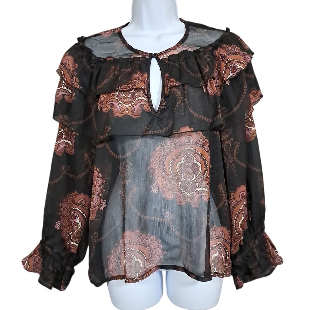 Anna Kay Ruffle Bell Sleeve Blouse Medium Black France Sheer Goth Paisley